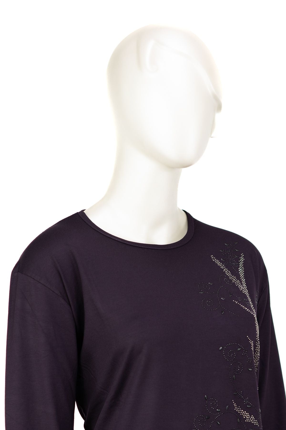 Kadın Turlu Viskon Penye Kumaş Anne Bluz Şık Çiçek Taşlı Yuvarlak Yaka Tam Kalıp Likralı